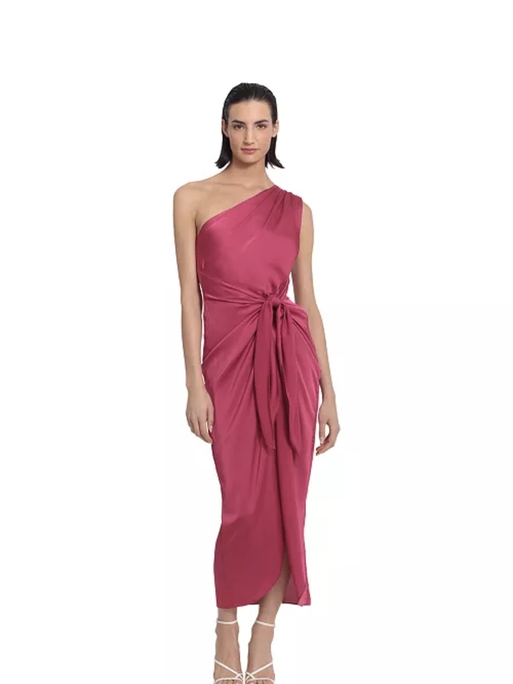 Donna Morgan One-Shoulder Rose Satin Dress with Side Tie